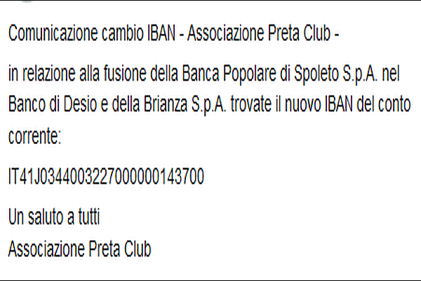 Nuovo IBAN Associazione Preta Club 
